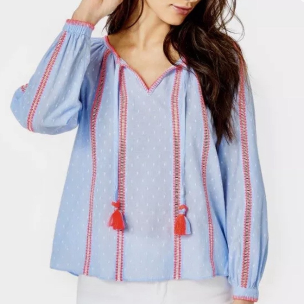 ❤️”LILLY PULITZER Chambray Blouse Blue Peri Cotton Tassel Long Sleeve Sz XS NWOT